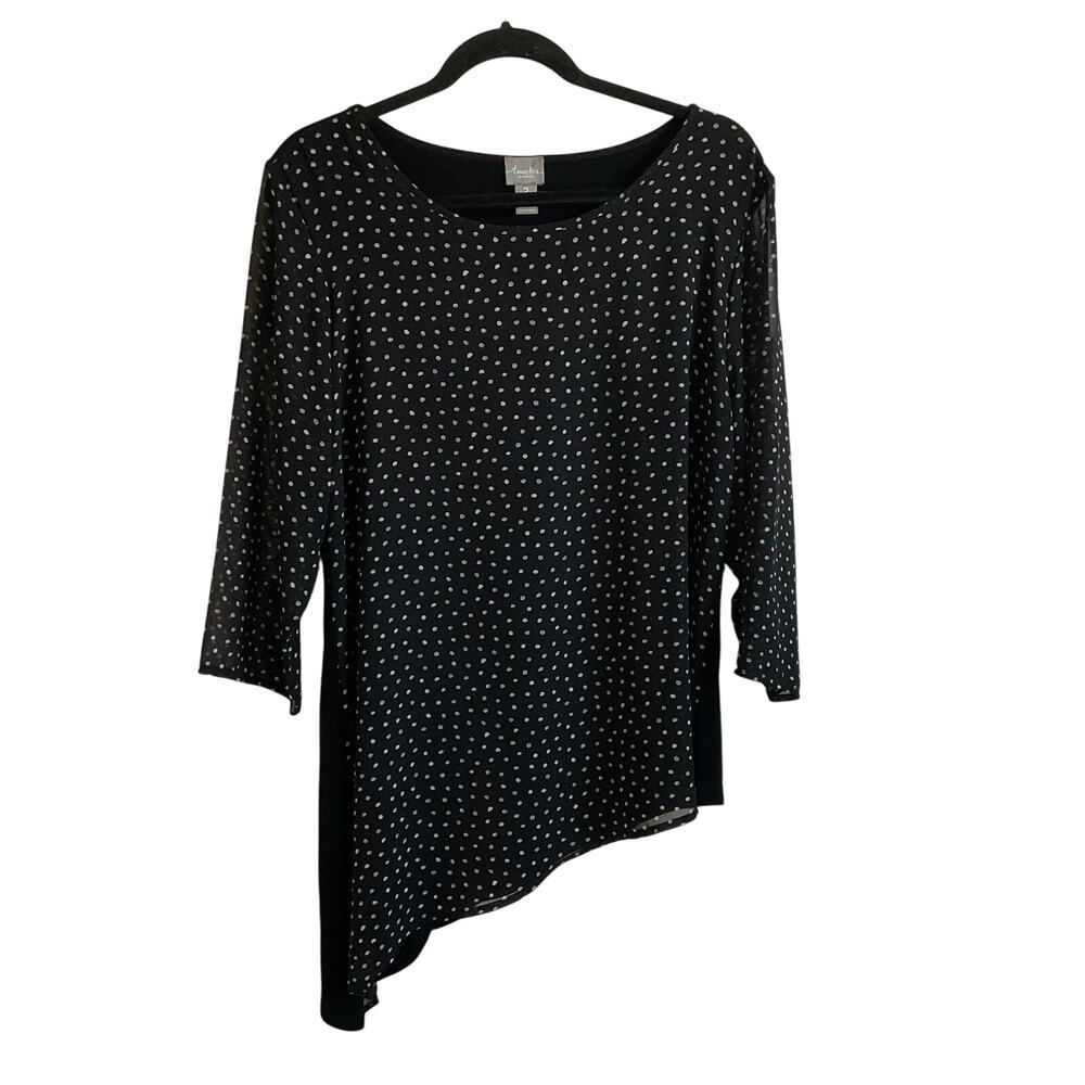 Traveler’s by Chico’s Black and White Polka Dot Asymmetrical‎ Hem Blouse - Large